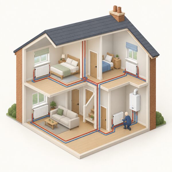 A cutaway view of a UK home showing a hydronic central heating system: a wall-mounted boiler connected by pipework to radiators in several rooms, with a small isometric figure inspecting one radiator.
