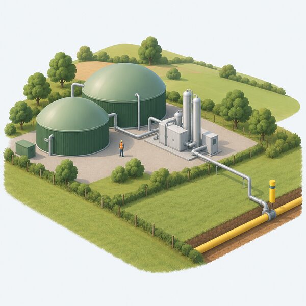 A small biomethane plant in countryside, with digester tanks and a gas upgrading unit, connected by a pipe running to a gas grid pipeline marker at the field edge, showing renewable gas injected into the existing network.