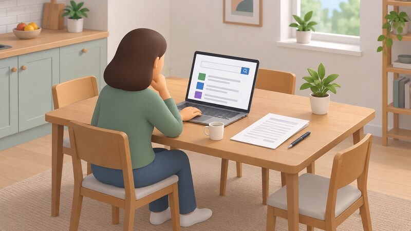 A householder sitting at a kitchen table checks an installer's registration status on a laptop, the screen showing a plain search page with blank colour blocks where scheme marks would appear, an unsigned contract lying untouched beside them.