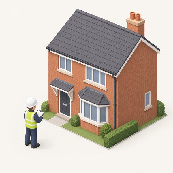 A TrustMark registered installer, shown as a simplified isometric figure with a clipboard, stands outside a typical UK house inspecting its walls, roof and windows while assessing the property to identify suitable energy efficiency measures.