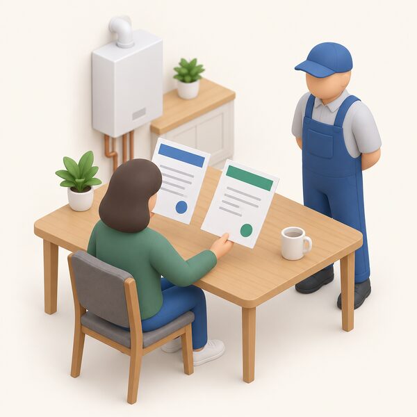 A homeowner at a table comparing two plain installer membership documents side by side, each shown as a physical certificate with blank colour bands and lines, while a simplified installer figure stands nearby, showing the practical test of checking code membership rather than the code's name.