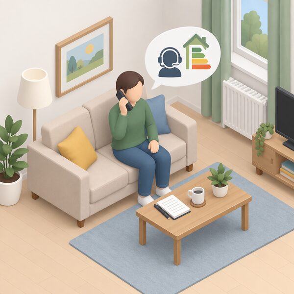 A householder at home telephoning on a cordless handset, shown mid-call about an Energy Company Obligation complaint, with a notepad of blank lines beside them and a home interior suggesting a living room rather than an office.