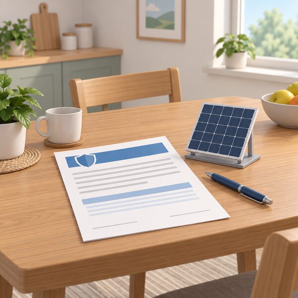 A householder's kitchen table with an insurance backed workmanship warranty document lying open as a physical paper document, blank lines and plain colour bands standing in for its wording, beside a pen and a small model of a solar panel to suggest the installation it covers.