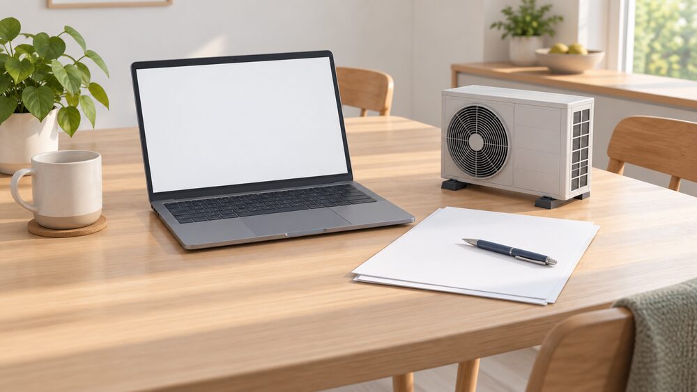 A kitchen table in daylight with a laptop showing a blank screen, a few blank contract papers and a pen beside them, and a small model of an air source heat pump standing next to the papers, suggesting a householder checking an installer's registration before signing.