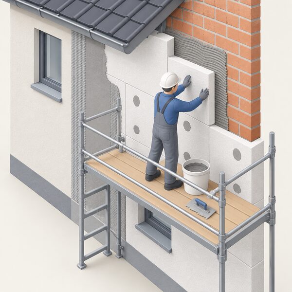 An installer on a scaffold platform at the outside wall of a house presses an insulation board onto a layer of grey adhesive over the masonry, with a bucket of basecoat, a trowel and a partly coated wall showing the layered build-up of the specified external wall insulation system.