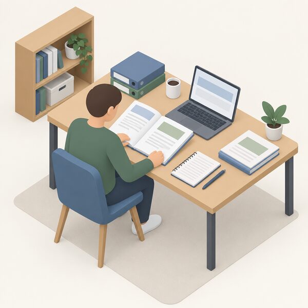 A retrofit coordinator seated at a desk studying open training materials for the Level 5 Diploma in Retrofit Coordination and Risk Management, with printed course folders, a notebook and a laptop showing plain blank content blocks, all content unreadable.