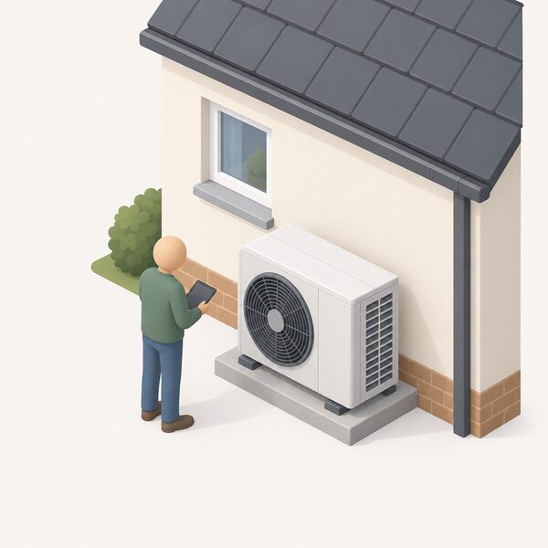 An air source heat pump fan unit on a concrete base against the outside wall of a simple house, with a small isometric householder standing beside it looking at the unit as the kind of certified product checked before fitting.