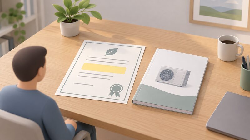 A certificate document lying on a desk beside a heat pump installation manual, the certificate carrying a highlighted number band identifying the specific assessed product, drawn as a physical object in an office or home setting.