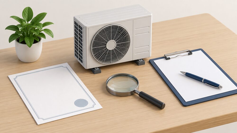 A small model of an air source heat pump fan unit stands on a table beside a blank certificate document, a clipboard with a pen, and a magnifying glass, suggesting a household checking the paperwork that names the certification behind an installed system.