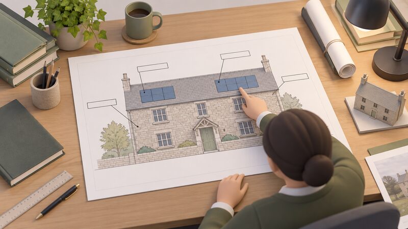 A conservation officer's desk with an annotated elevation drawing of a listed stone house, the front elevation marked with plain blocks showing proposed solar panel positions and blank annotation lines, a hand pointing at one panel position.