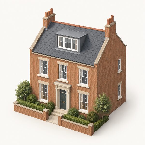 A simplified isometric view of a listed brick house exterior with a newly added dormer window in the roof slope, showing the kind of extension work that requires both listed building consent and planning permission, with no people or paperwork.
