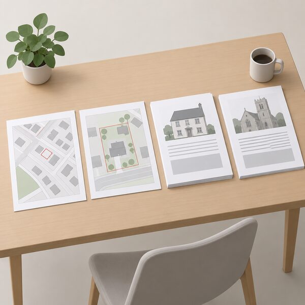 A flat table surface with the four required application papers laid out side by side: a location plan sheet, a site plan sheet, a design and access statement and a heritage assessment, each shown as plain printed sheets with simple line drawings and blank blocks, no readable words.