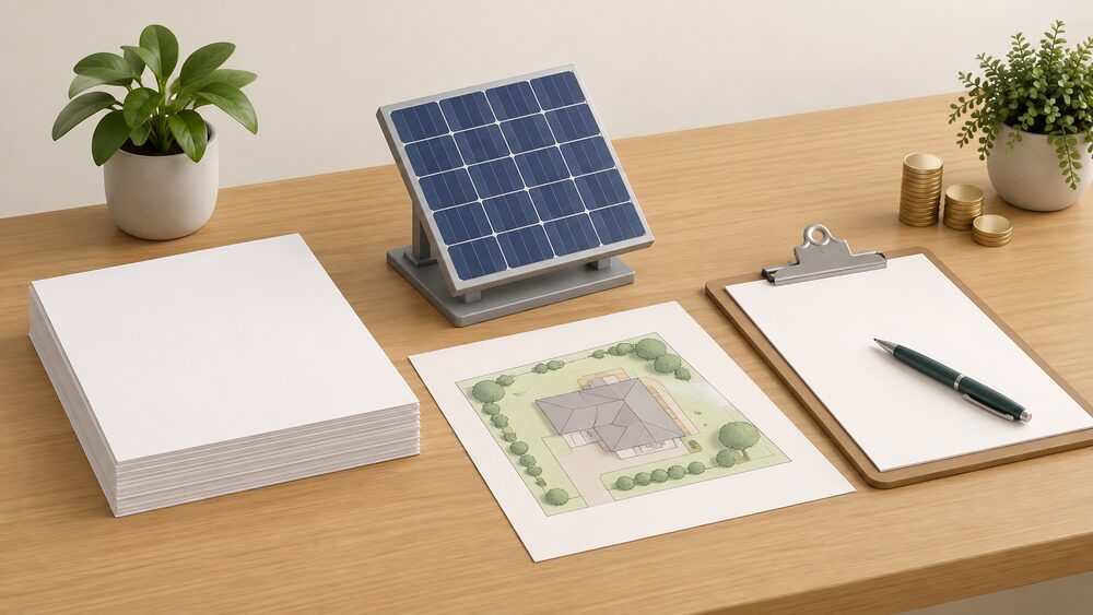 A small model solar panel rests on a wooden table beside a neat stack of blank application paperwork, a site plan drawing and a clipboard with a pen, with a few coins set apart to one side, suggesting a free consent application for energy work on a listed home.