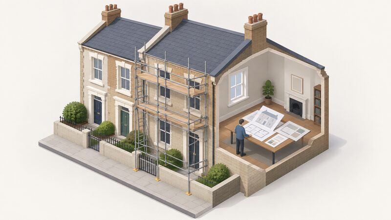 A terraced listed house with scaffolding on its front, and indoors a surveyor's drawings and heritage assessment papers spread on a table beside a small isometric figure studying them.