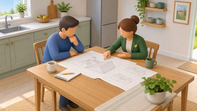 A householder and a conservation officer sitting at a kitchen table, reviewing large printed roof plans of a house spread out between them, with a notebook and pencil at hand.