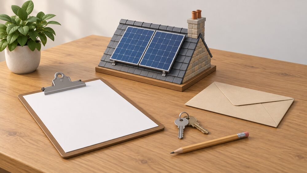 A small model of a rooftop solar panel stands on a wooden table beside a blank application form on a clipboard, a sealed envelope, a set of keys and a pencil, suggesting a heritage consent application for energy work on an old home.