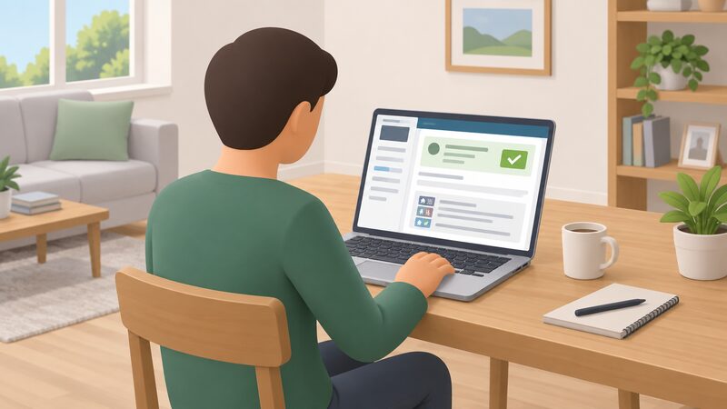 A householder at home sits at a laptop showing the MCS installer search website, with a certification record on screen displayed as blank lines and plain colour blocks, checking the record for their chosen technology.