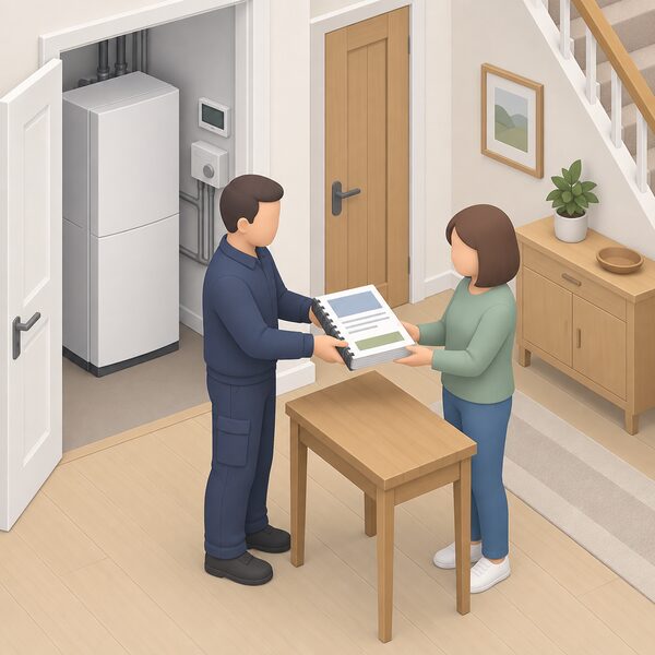 An installer in plain clothing hands a thick pack of bound documents across a table to a householder in a home hallway, with an indoor heat pump unit and its controls visible in the background, the pack's pages shown only as blank lines and plain colour blocks.