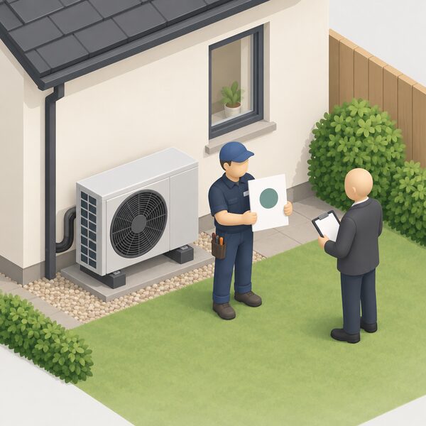 A small isometric installer figure stands beside a completed heat pump outside a house, holding a certificate sheet bearing a plain circular certification mark, with a clipboard-wielding auditor figure nearby representing the audit that led to the award.