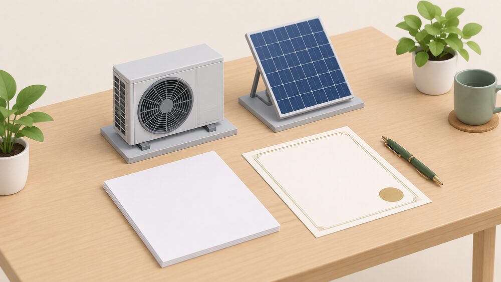 A small model of an air source heat pump fan unit and a model solar panel stand on a table beside blank paperwork, a blank certificate document and a pen, arranged as the moment a household's renewable installation is certified.