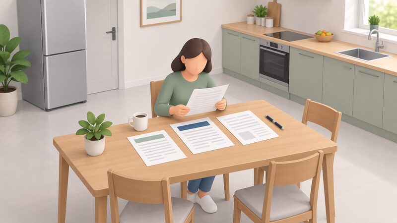A householder seated at a kitchen table reading a printed installer certificate and scheme paperwork laid out in front of them, with a pen at hand, checking the documents before any installation work begins.