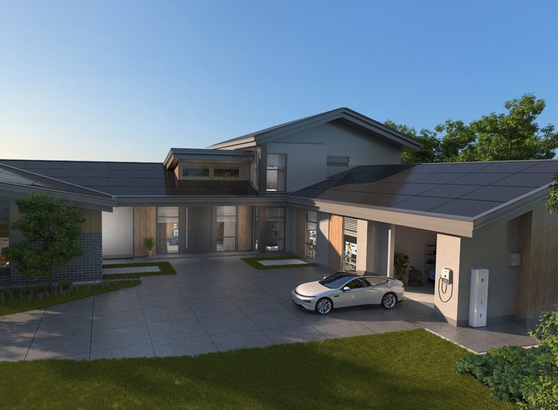 A modern house with solar panels on the roof, an electric car in the driveway and a wall-mounted EV charger and battery unit