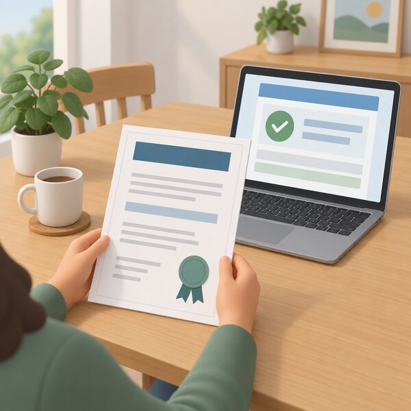 A printed MCS certificate for a completed installation lying on a household table, held as a physical document with its content shown only as blank lines and plain colour bands, beside a laptop or tablet on which a simplified certification-status page is displayed as blank blocks, with no readable words or numbers anywhere.