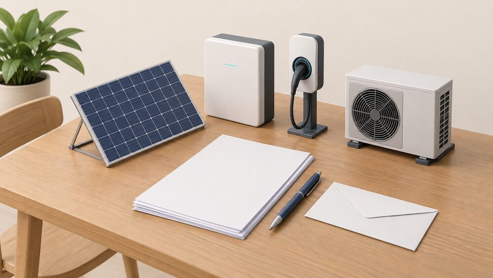 A kitchen table with blank certificates and paperwork beside a small model of a rooftop solar panel, a wall-mounted battery unit, an EV charge point and a heat pump, with a pen and envelope nearby.