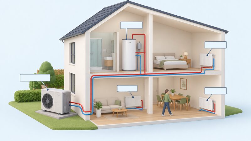 A simplified cutaway diagram of a new-build home showing an air-source heat pump unit outside the wall, connected to a hot water cylinder and a radiator circuit inside, with no gas meter or gas pipe anywhere in the scene.