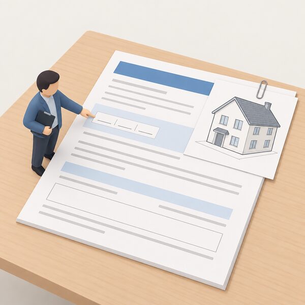 A building warrant document for a new home lying on a table, drawn as a physical paper form with blank lines and plain colour bands, with a simplified isometric figure of an official or applicant standing beside it pointing to the application date area, and a small outline drawing of the proposed new house attached to the document.