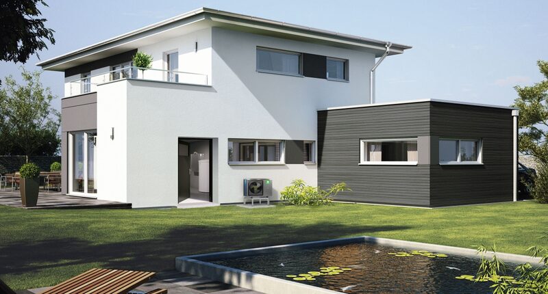 A modern two-storey house with an air source heat pump unit installed on the exterior wall beside the entrance