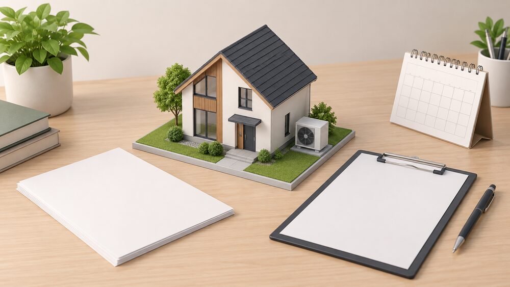 A small model of a modern house with a compact heat pump unit standing beside it on the model's ground, placed centrally on a desk next to blank building warrant paperwork, a clipboard and a calendar, with no gas boiler anywhere in the arrangement.