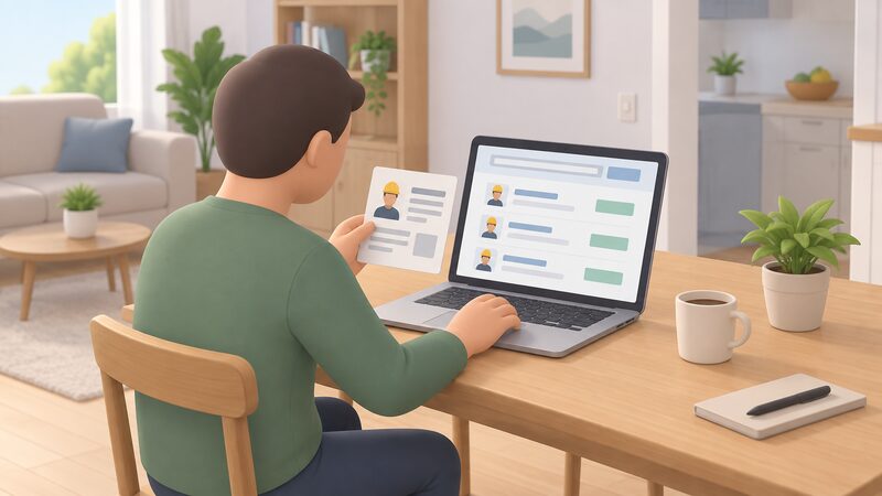 A householder at home comparing a paper certificate or card from an electrician against a laptop screen showing a directory listing, with plain blocks standing in for scheme details and scope entries.