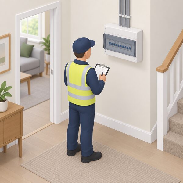 A NAPIT inspector, shown as a simplified isometric figure with a clipboard, observes a recently completed consumer unit installation in a home, looking closely and taking notes while making no contact with the equipment, which remains untouched.