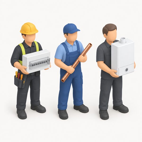 Three simplified isometric figures standing side by side in plain work clothing representing the assessed trades: an electrician holding a consumer unit, a plumber holding a length of pipe, and a heating engineer holding a boiler, each with their trade's equipment only.