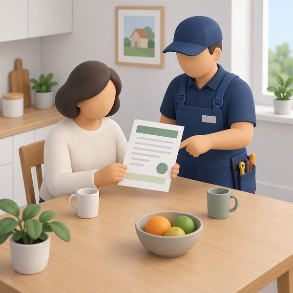 A householder at a kitchen table holds a dated PAS 2030 certificate sheet while a retrofit installer stands beside them, the certificate shown as a physical document with blank lines and plain colour bands so no readable details appear.