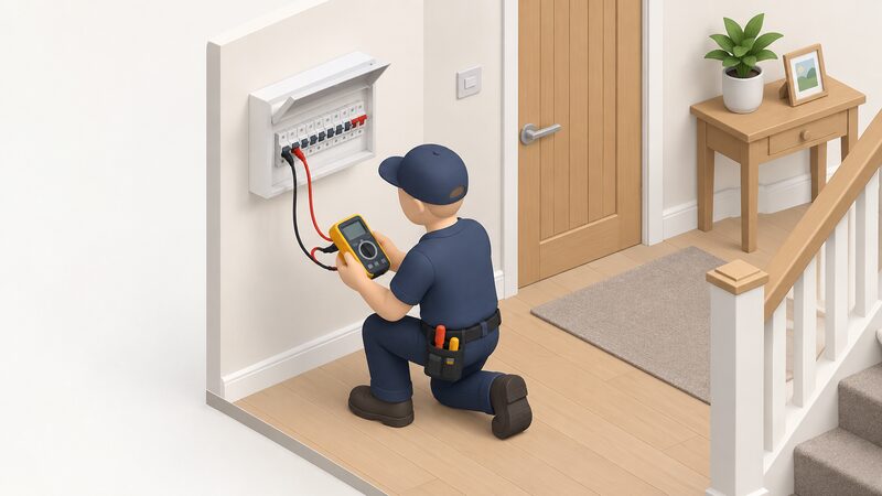 A simplified isometric electrician kneeling beside a domestic consumer unit, holding a multifunction tester with test leads connected to the unit's ways, representing the annual assessment of NICEIC-registered electrical work.