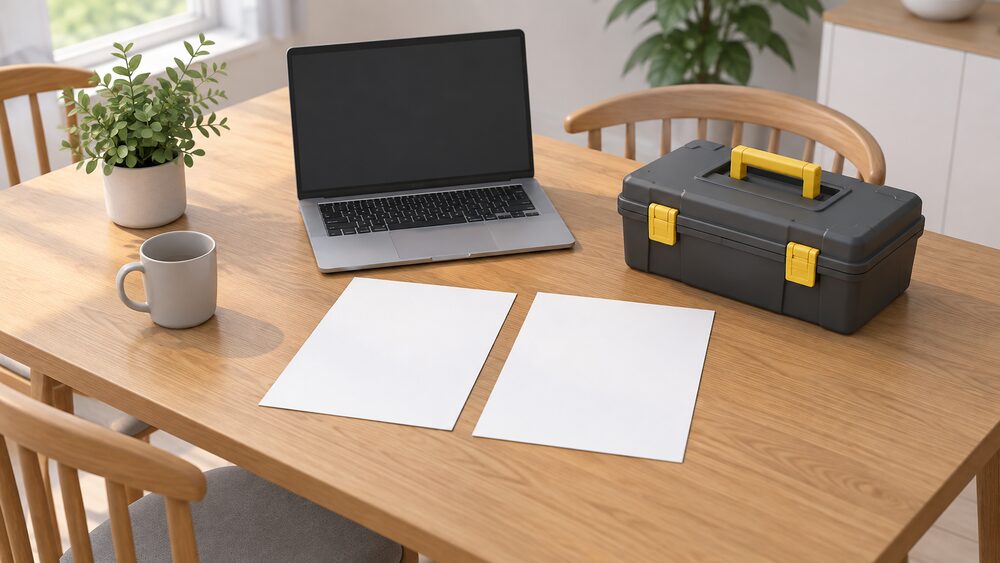 A kitchen table in daylight with two blank white certificates side by side, a closed toolbox beside them, and a laptop with a blank screen open behind the papers, suggesting a householder comparing two registered electrician schemes before commissioning work.