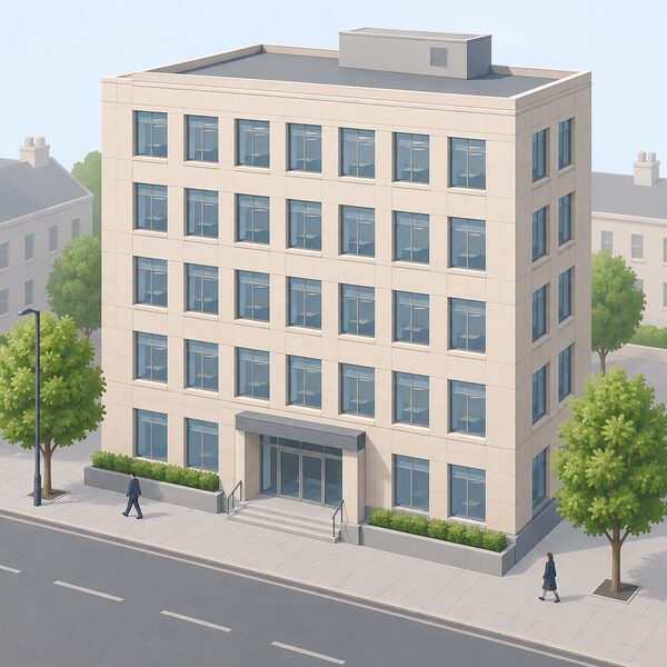 A plain, unbranded multi-storey government-style office building in Great Britain, drawn as a simple flat-fronted block with regular windows and a plain entrance, standing on an ordinary street with no signage, logos, flags or lettering of any kind to identify it.