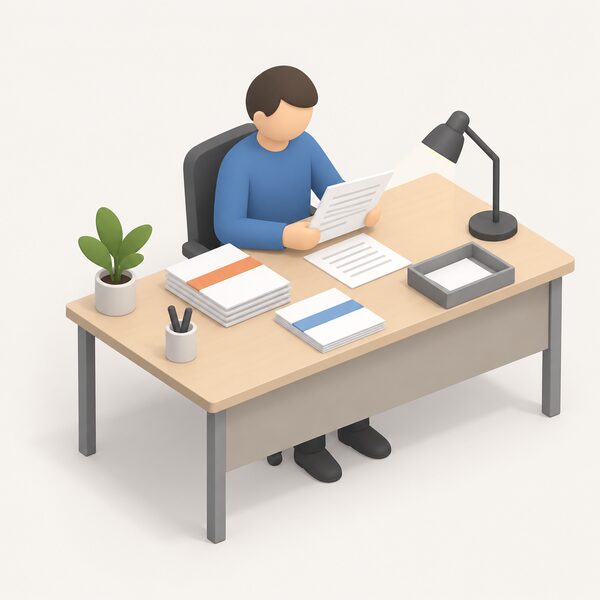 A simplified isometric figure sits at an office desk reviewing a stack of company paperwork, with a folder marked only by a plain colour band, a desk lamp and a small in-tray, representing an Ofgem investigation into a company's compliance with the rules.