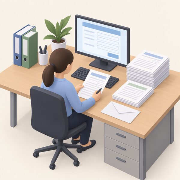 A tidy office desk holding a neat stack of paper application forms and payment paperwork, with a plain envelope and a simple screen showing blank form fields, representing the paperwork an administrator processes for schemes like the Domestic RHI.