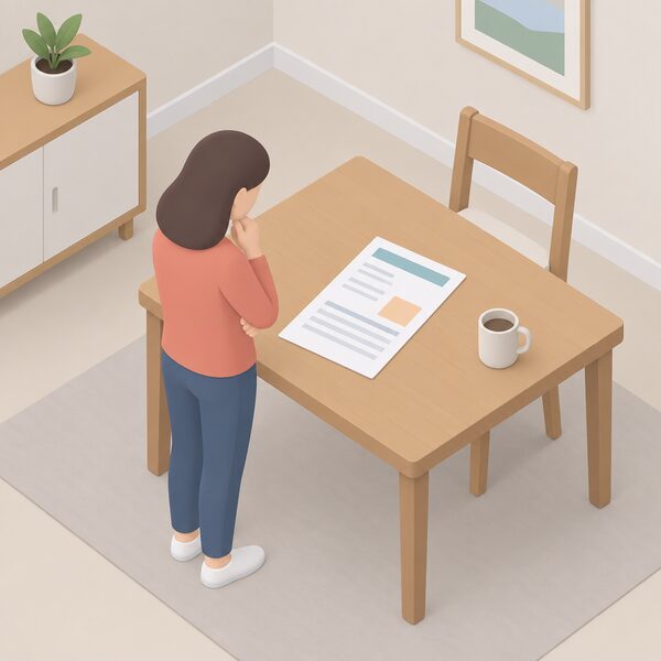 A single paper household energy bill lying flat on a domestic table, drawn as a physical document with blank lines and plain colour blocks, with a simplified isometric figure standing beside the table reading it.