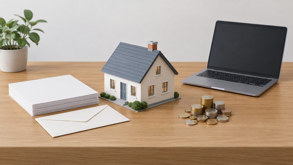 A small model house sits on a wooden table beside a stack of blank paperwork, a sealed envelope, a loose pile of coins and a blank-screen laptop, representing a household's bills shaped by decisions made elsewhere.