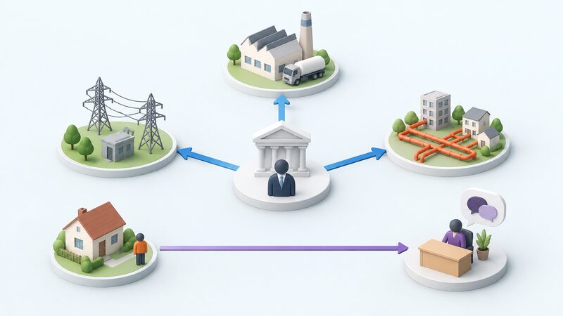 A simple diagram with a regulator figure at the centre connected by plain arrows to a supplier, a network operator and a heat network, while a separate arrow runs from a household past the regulator to an Energy Ombudsman figure handling the individual dispute.