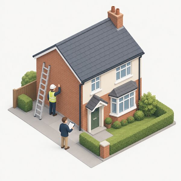 A small isometric figure of a retrofit coordinator stands outside a typical UK house holding a clipboard, overseeing a domestic retrofit assessment, with a ladder against the wall and an assessor examining the building's exterior as part of a PAS 2035 managed project.