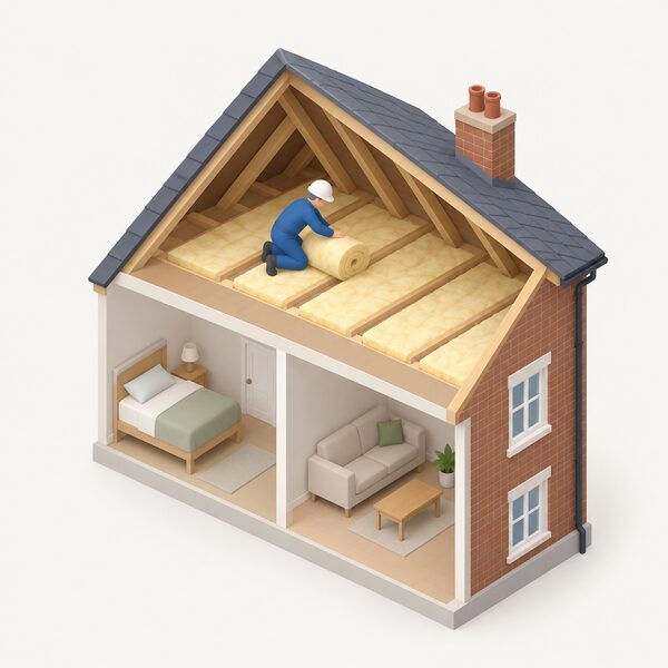 A small isometric installer figure in plain work clothing fits an energy efficiency measure, such as loft insulation, inside a simple cutaway home, shown mid-task installing the measure correctly in its position in the property.
