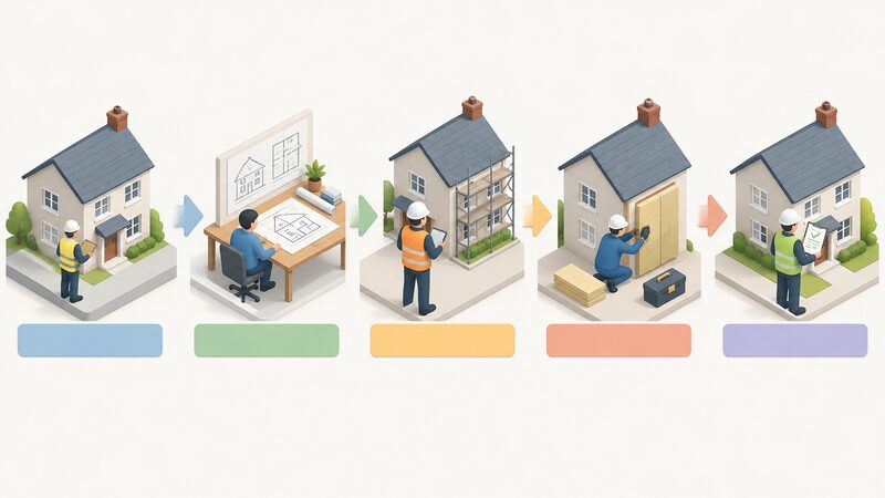A horizontal five-panel flow diagram, each panel a simplified isometric scene of one retrofit stage in order: an assessor surveying a house, a designer at drawings, a coordinator overseeing, an installer fitting a measure, and an evaluator inspecting with a certificate, each stage marked by a blank label band.