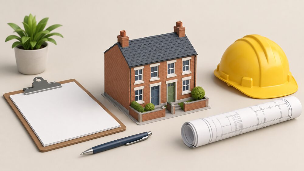 A small plain model of a terraced house sits on a desk beside a clipboard with blank assessment sheets, a rolled-up set of drawings, a hard hat and a pen, suggesting the planning and checking stage before retrofit work begins.