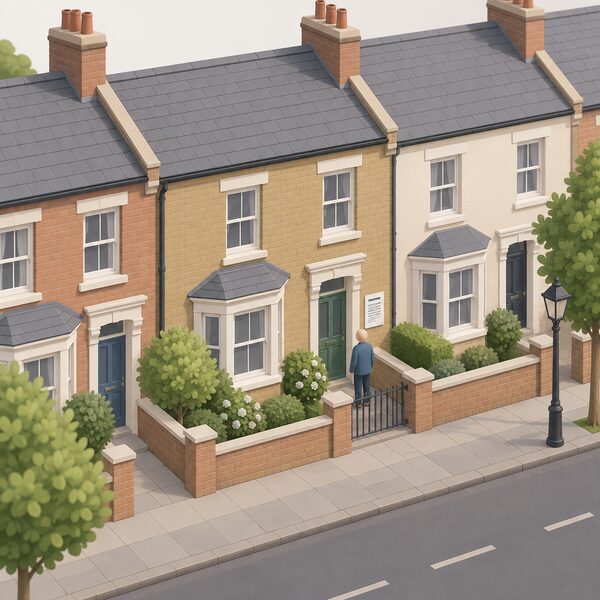A quiet conservation-area street of traditional terraced houses, with one house in the foreground displaying a physical notice fixed to its front wall or gatepost, while a simplified householder figure stands at the door reading it.