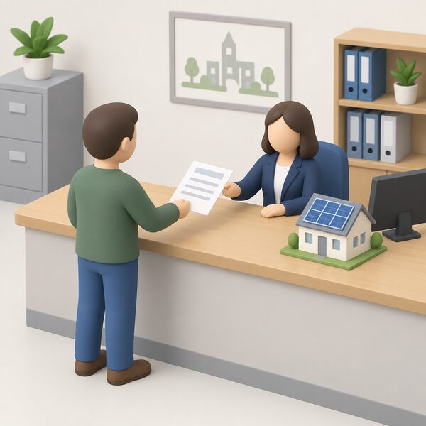 A householder stands at a counter in a local planning authority office, handing a prior approval application form for rooftop solar panels to a staff member, with a house model showing solar panels on its roof lying on the counter beside the form.